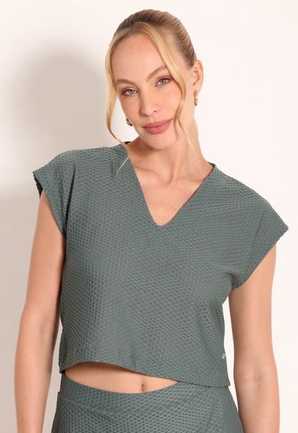 Blusa Fitness London Texturizada Com Decote V Sem Manga