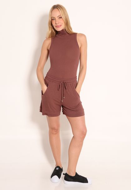 Conjunto Body Canelado e Short Viscose Feminino com Bolsos