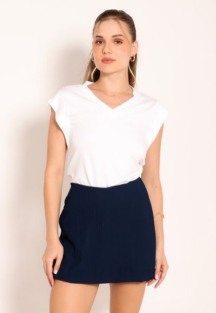 Conjunto Blusa Básica Gola V e Shorts Saia Feminino Plissado