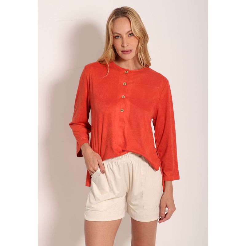 Camisa Suede Manga 7/8 Com Botões