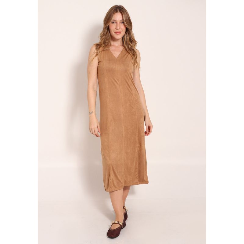 Vestido Suede Regata Evasê com Recorte