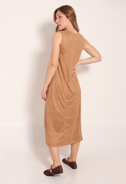 Vestido Suede Regata Evasê com Recorte