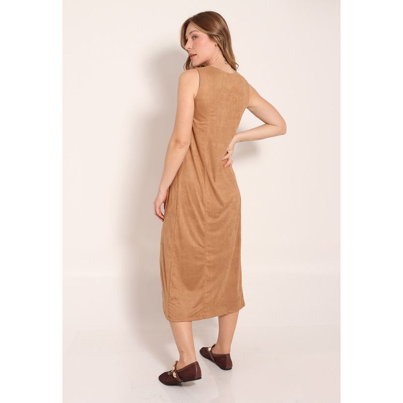 Vestido Suede Regata Evasê com Recorte