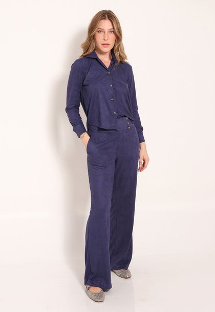 Calça Suede Pantalona com Botões