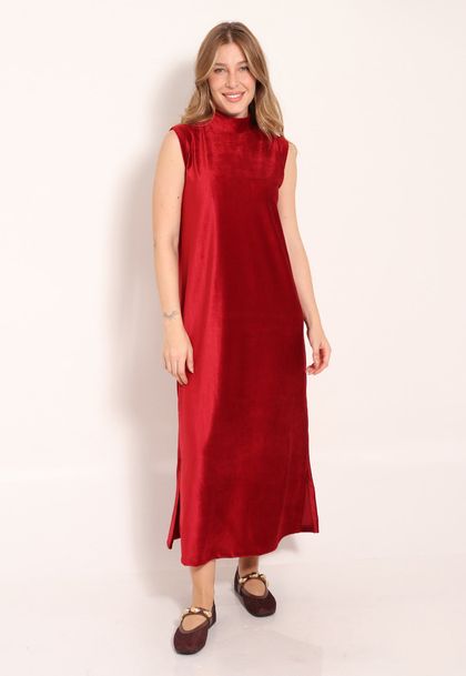 Vestido Malha Cotelê Midi Gola Alta