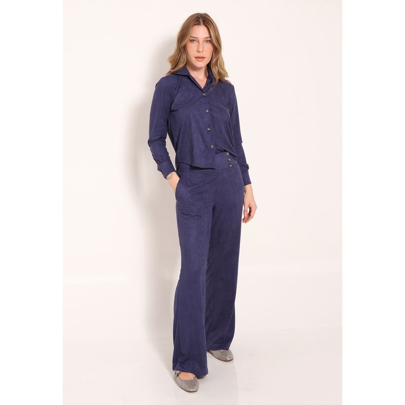 Conjunto Camisa Suede Com Botão e Calça Suede Pantalona