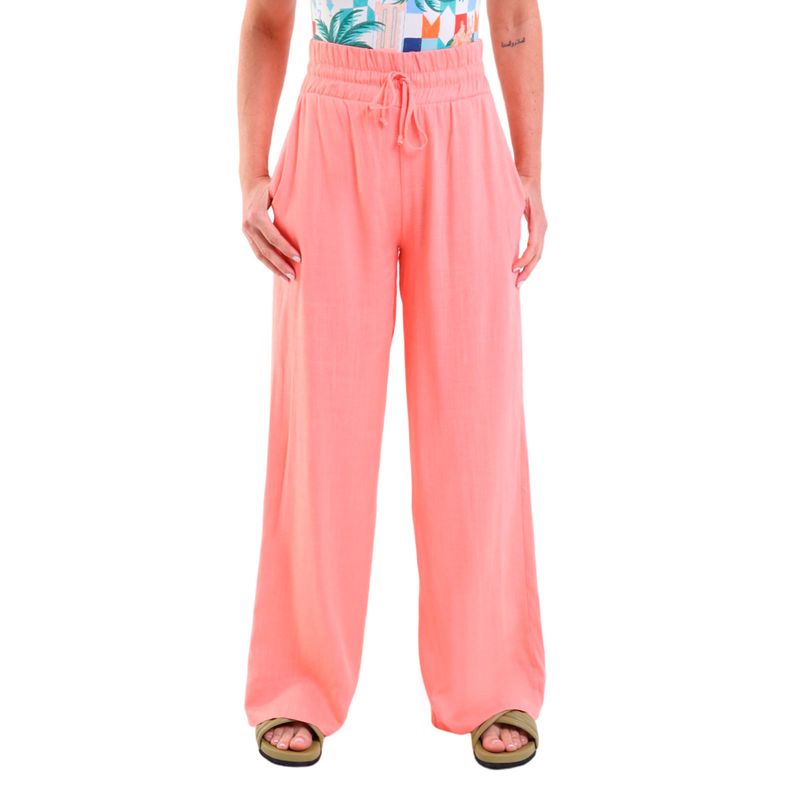 Calça Linho Pantalona Com Bolsos