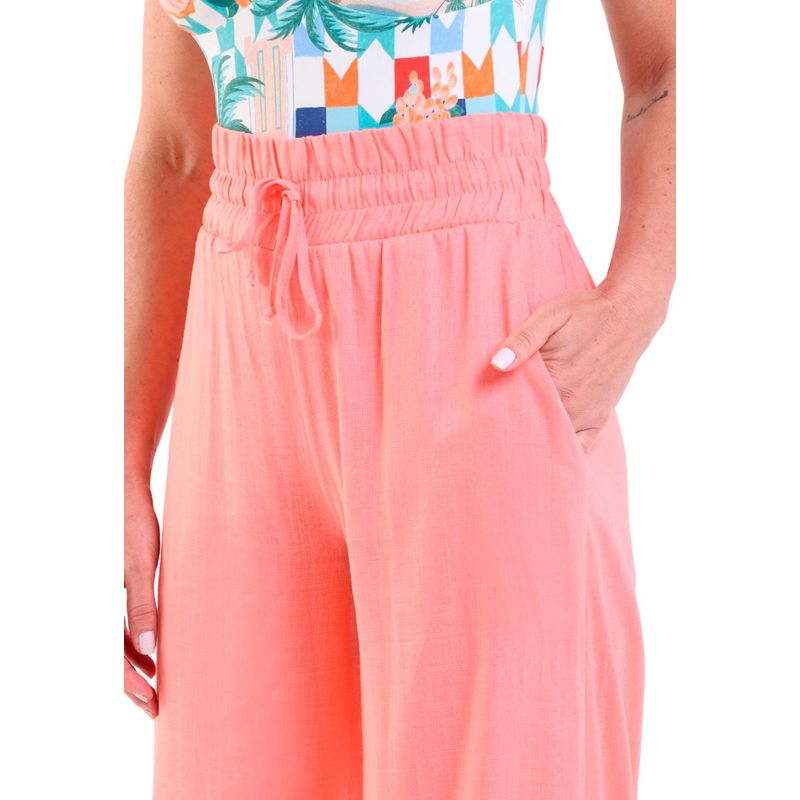 Calça Linho Pantalona Com Bolsos
