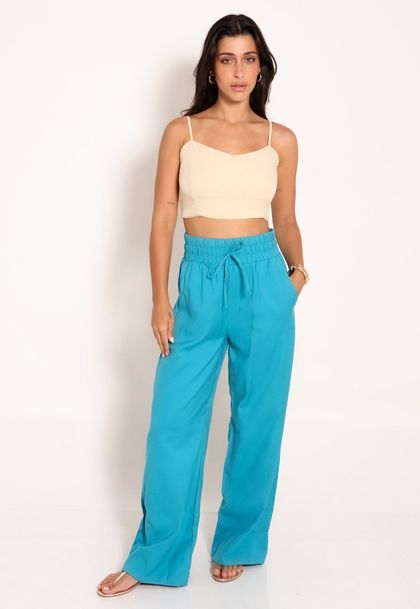 Calça Feminina Linho Pantalona com Bolsos Olimpia