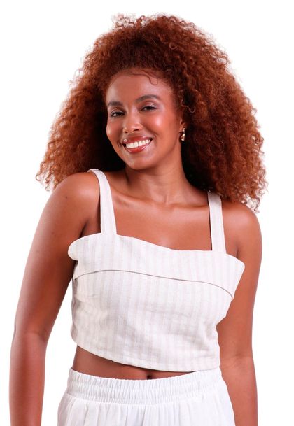 Cropped de Linho Breeze Com Regulador Listrado Areia