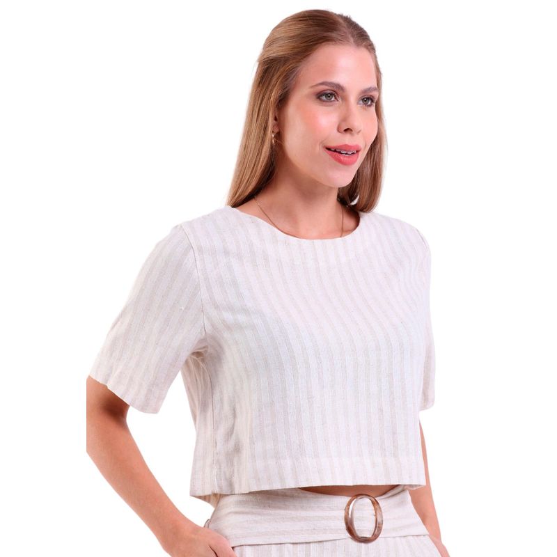 Cropped Linho Breeze Manga Curta Listrado Areia
