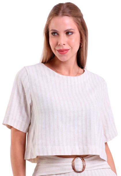 Cropped Linho Breeze Manga Curta Listrado Areia