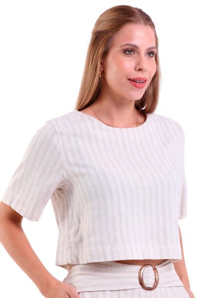 Cropped Linho Breeze Manga Curta Listrado Areia