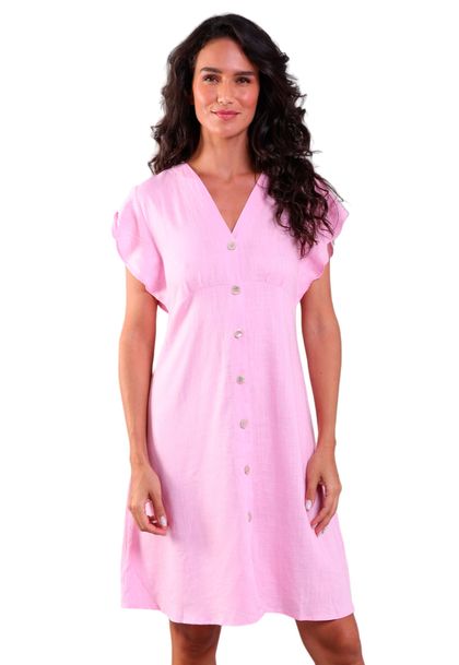 Vestido Linho Evasê com Botões Rosa