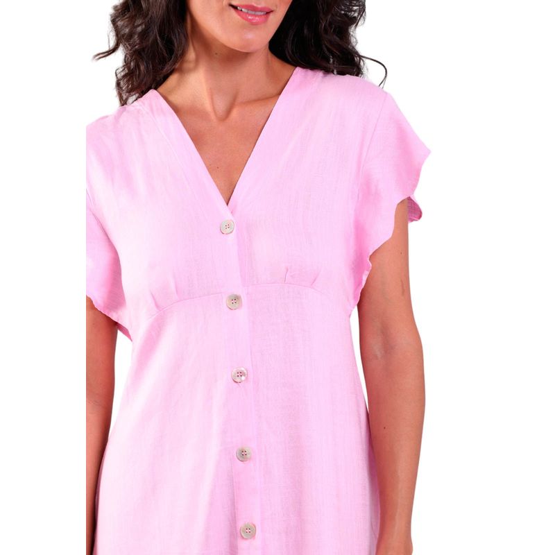Vestido Linho Evasê com Botões Rosa