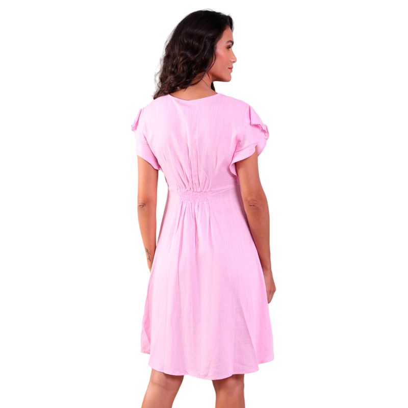 Vestido Linho Evasê com Botões Rosa