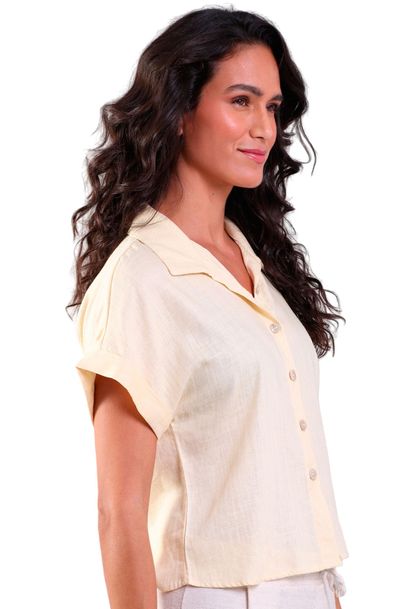 Cropped Linho Manga Japonesa Amarelo Marfim