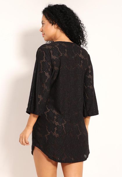 Vestido Classic Laise Saída de Praia Gola V e Manga 3/4
