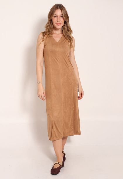 Vestido Suede Regata Evasê com Recorte