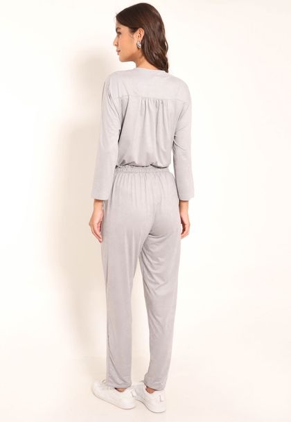 Conjunto Camisa Suede Manga 7/8 e Calça Suede Com Bolso