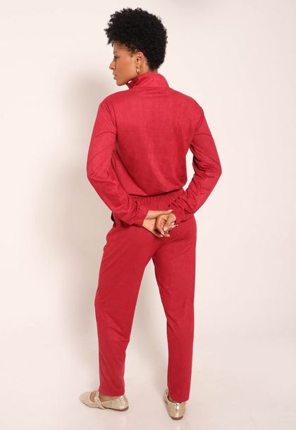 Conjunto Jaqueta Suede Com Ziper e Calça Suede Com Bolso