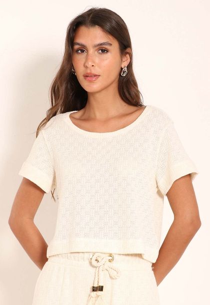 Cropped Tricot Basket Texturizado e Gola Alargada
