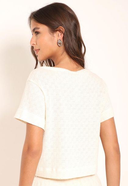 Cropped Tricot Basket Texturizado e Gola Alargada