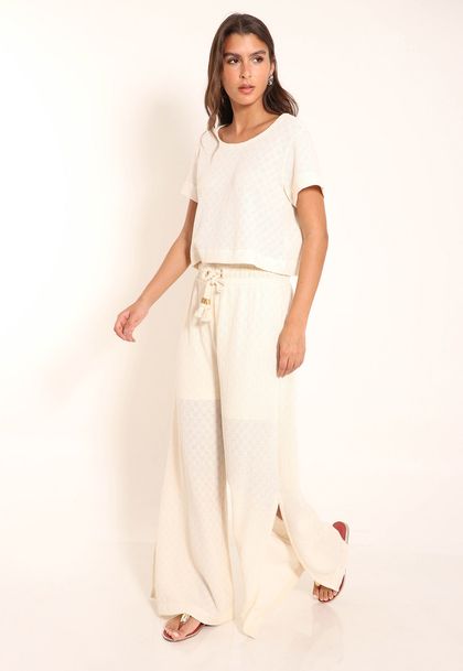 Calça Tricot Basket Pantalona Com Fendas