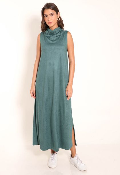 Vestido Suede Midi Evasê Gola Boba