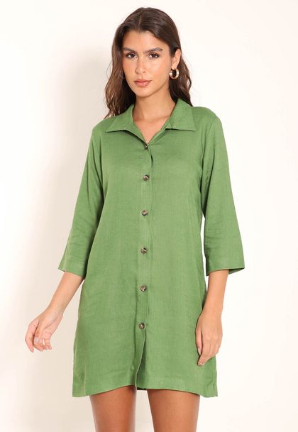 Camisão Linho Wash Com Botões Manga 3/4 e Barra Colada