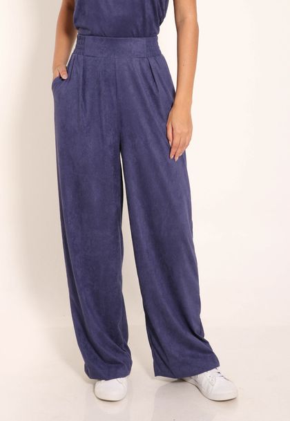 Calça Suede Pantalona Com Bolsos e Pregas
