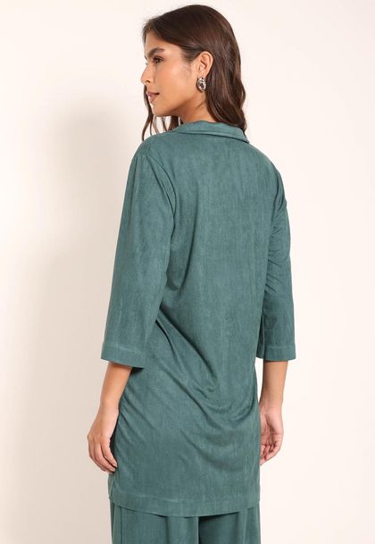 Camisão Suede com Botões Manga 3/4 e Barra Colada